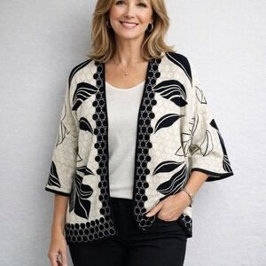 Mayerline Brussels Open Cardigan Sweater L Black Cream Botanical Jacquard Kimono